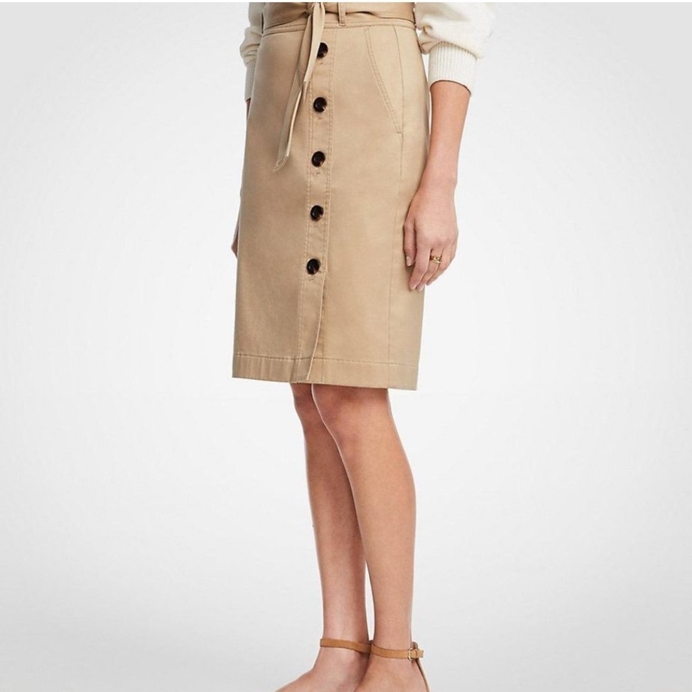 Ann Taylor Tan Khaki Cotton Sateen Pencil Skirt Button Detail & Belt Size 12 - Picture 2 of 13